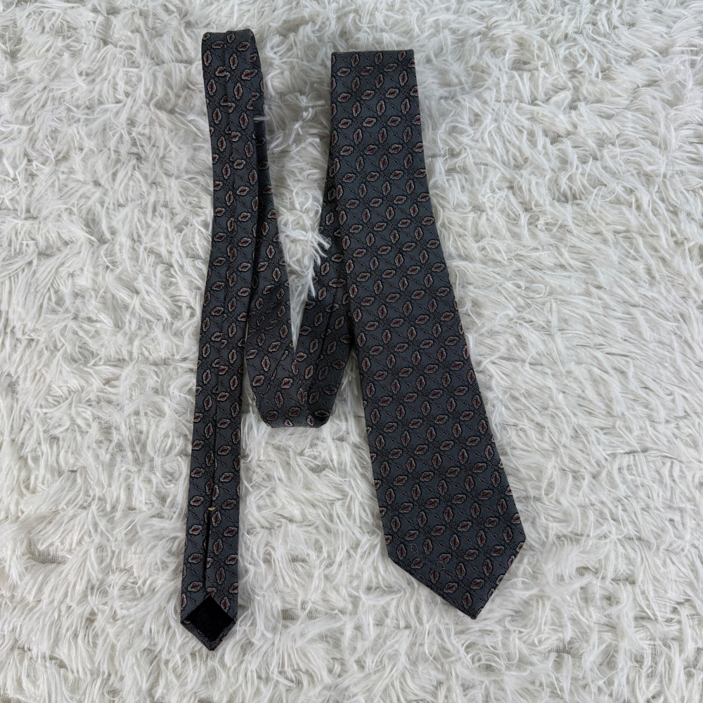 Oscar de la Renta Mens Silk Tie Gray Red Geometric Medallion Pattern Silk Tie - Picture 9 of 12